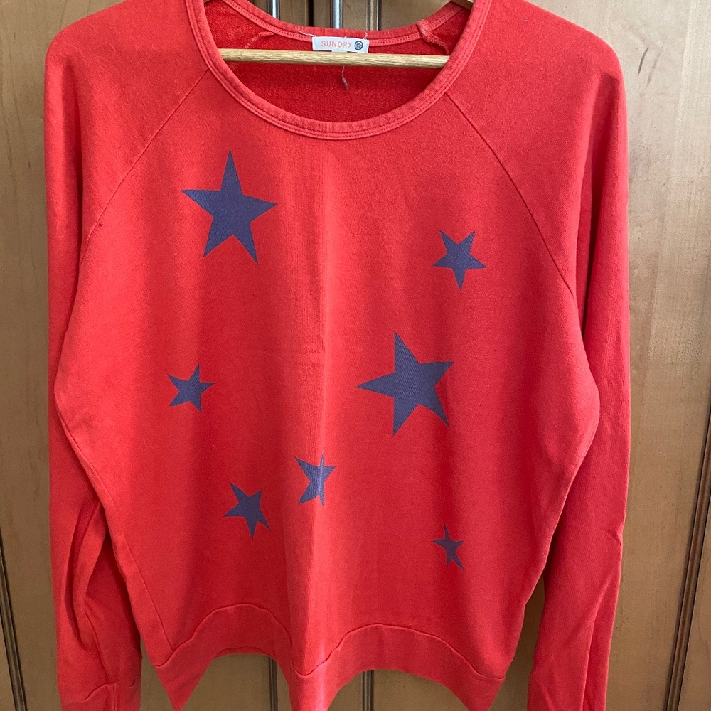 Sundry Anthropologie Crewneck Sweatshirt Red with Blue Stars Size 4 (XL)